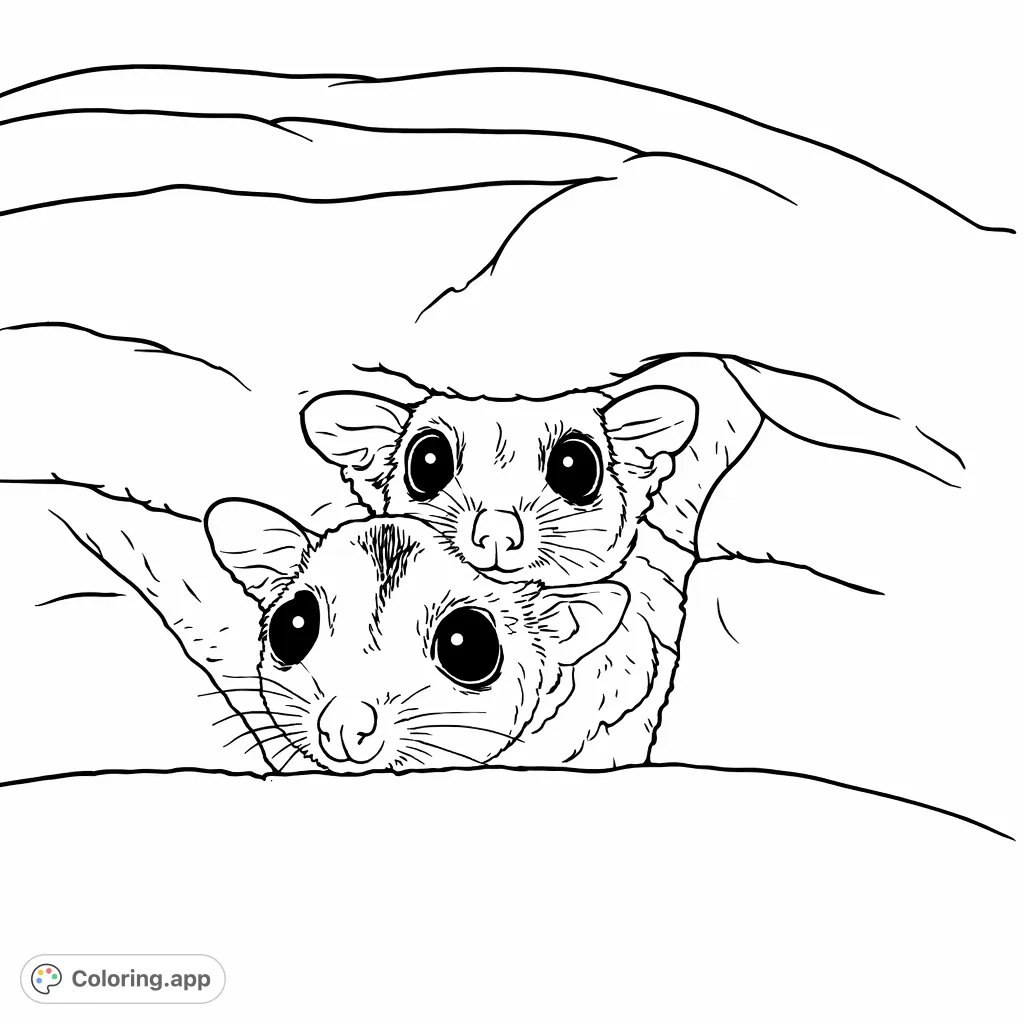 Meet two adorable sugar gliders peeking from their cozy pouch! This charming coloring page is perfect for animal lovers to bring to life with creative colors.