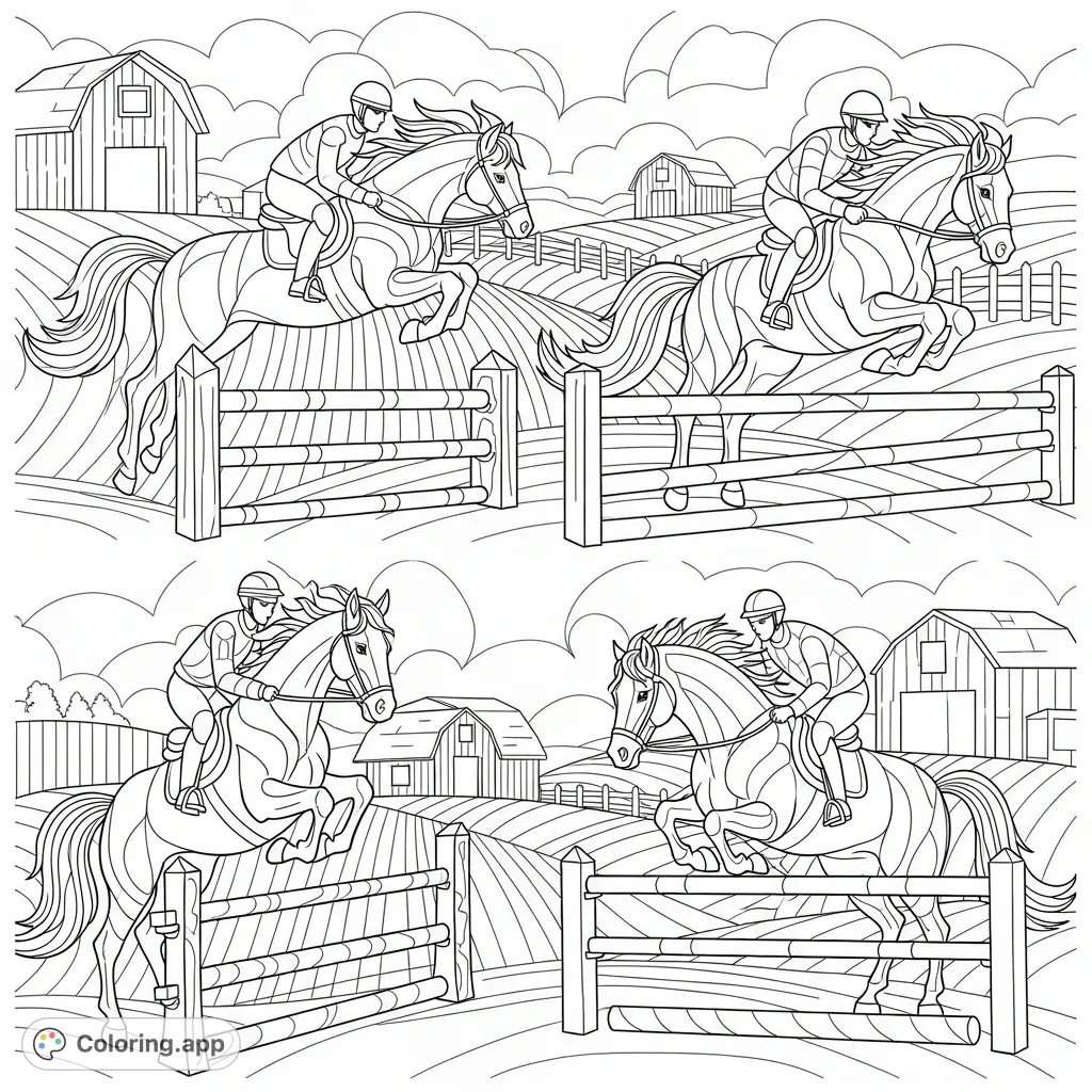 Dynamic abstract horses leap and canter across a stylized farm. This unique abstract horses coloring page blends animal energy with geometric artistry, perfect for creative expression.