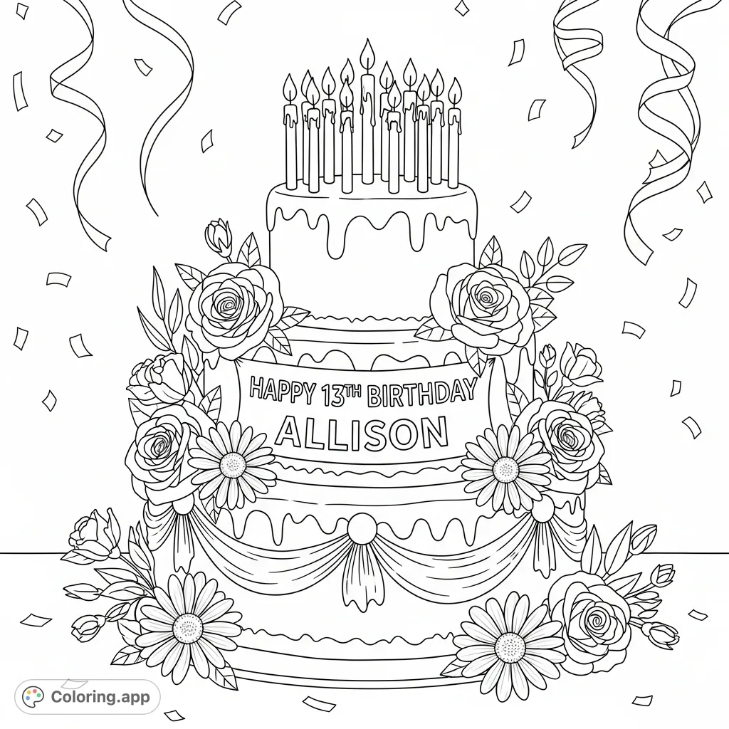 Celebrate Allison's 13th birthday with this festive coloring page featuring a multi-tiered cake, elegant flowers, and personalized text.