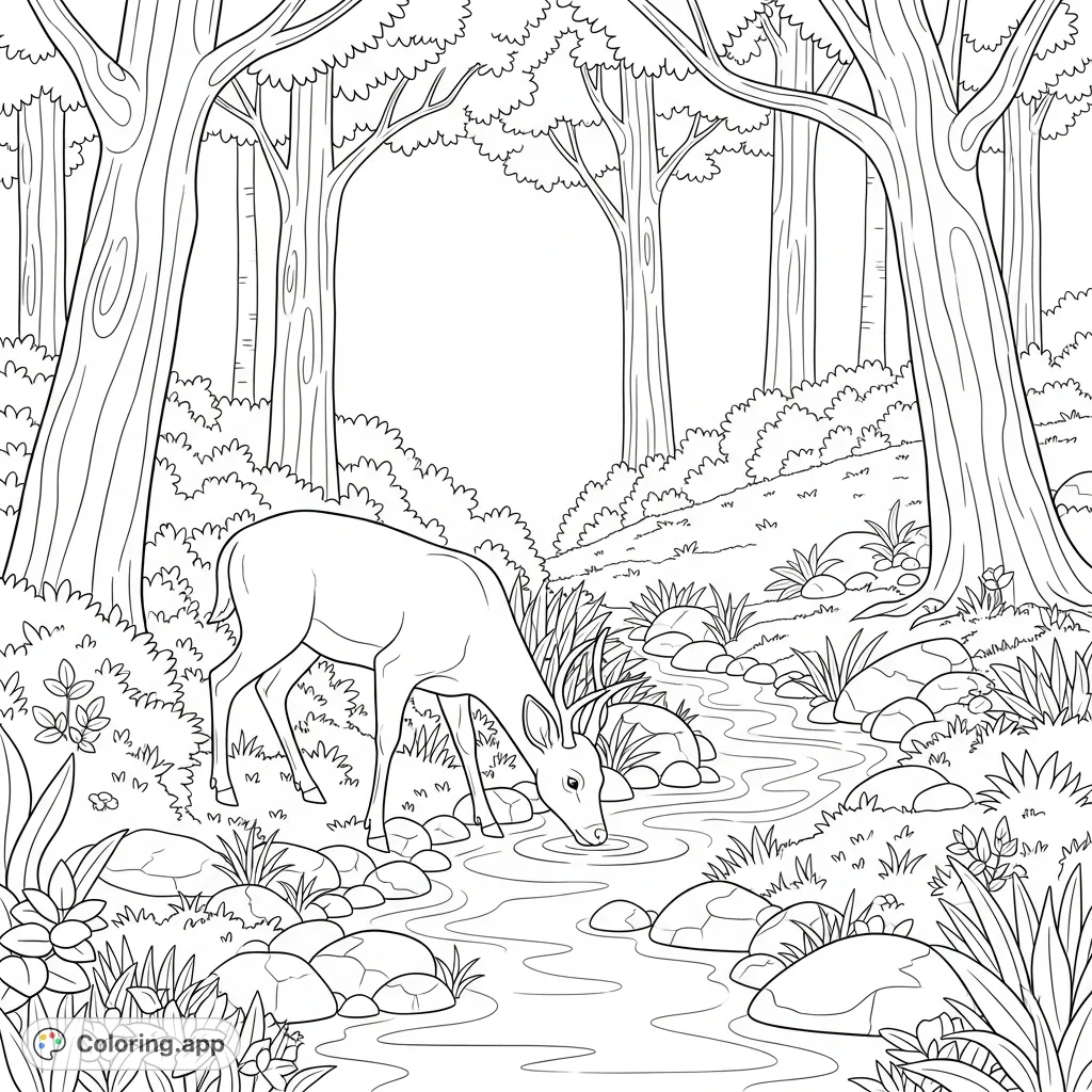 Discover a serene forest scene featuring a calm deer drinking from a hidden stream, surrounded by lush foliage. A peaceful nature coloring page.