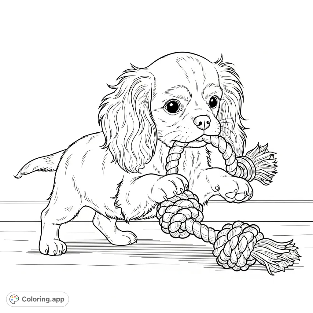 A delightful Cavalier King Charles Spaniel puppy joyfully playing with a textured rope toy. Perfect for dog lovers, a charming puppy coloring page.