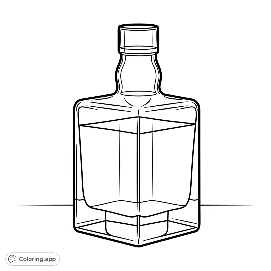 A classic square glass whiskey bottle filled with liquid, offering a sophisticated subject for adult colorists. Download this free printable coloring page today!