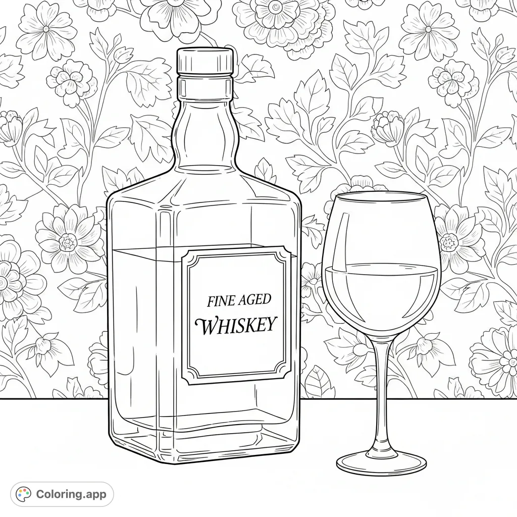 A timeless whiskey bottle with a "FINE AGED WHISKEY" label, a half-full wine glass, and a lush floral background. Perfect for detailed coloring.