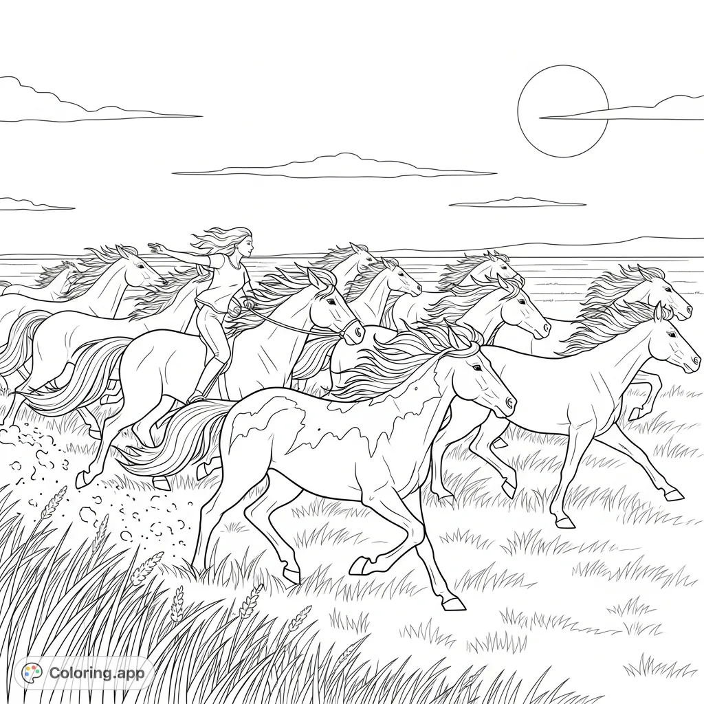Experience the thrill of a wild horse herd galloping across vast plains, led by a girl on horseback under a high sun. A captivating scene for all ages.