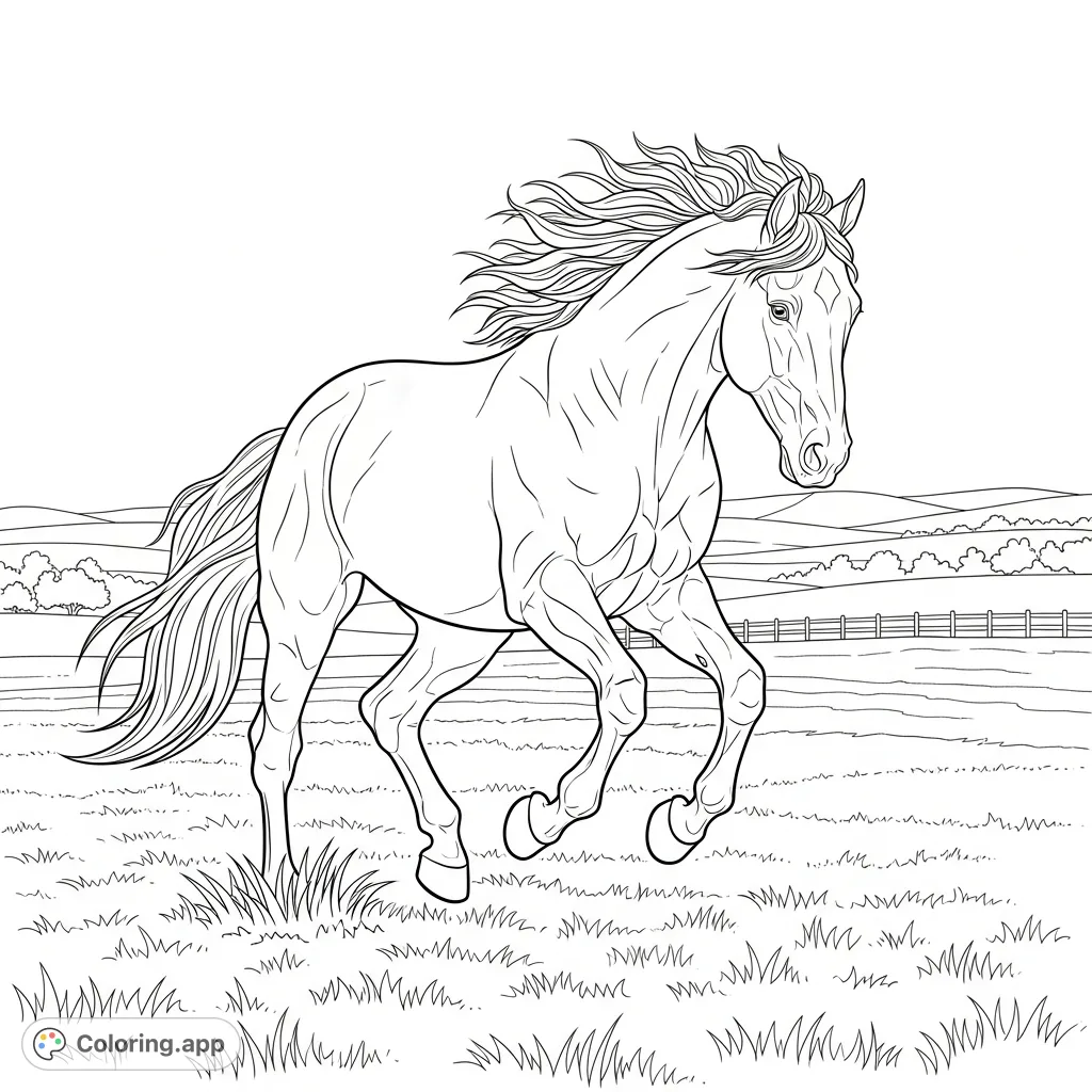 Experience the power of a galloping horse across an open field. This dynamic horse coloring page captures majestic movement, perfect for all ages.