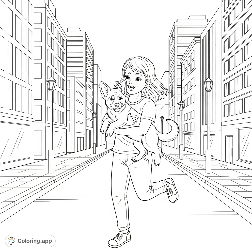 A heartwarming scene of a 12-year-old girl joyfully running through city streets, cradling an adorable German Shepherd puppy. A dynamic, urban adventure!