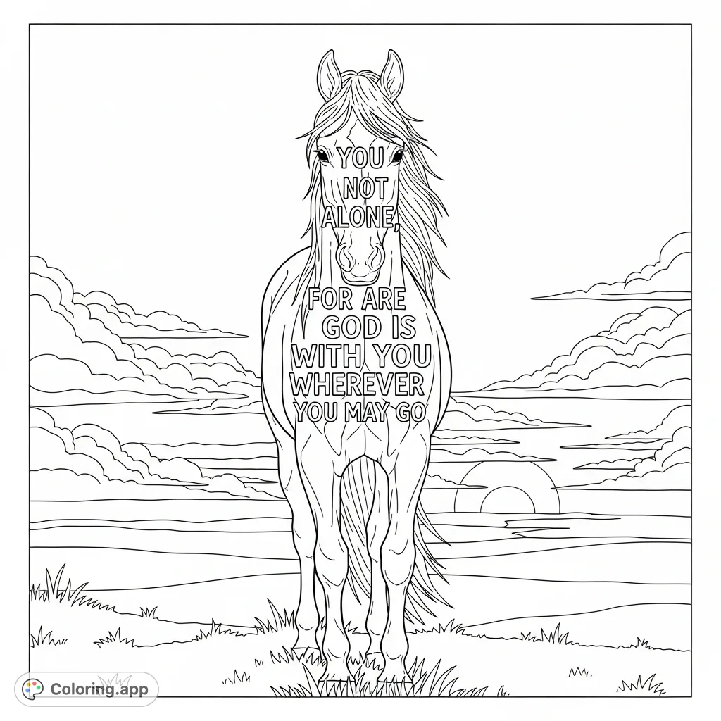 A majestic horse, inscribed with comforting words, stands against a serene landscape and a luminous sky, offering a peaceful, inspirational coloring page experience.