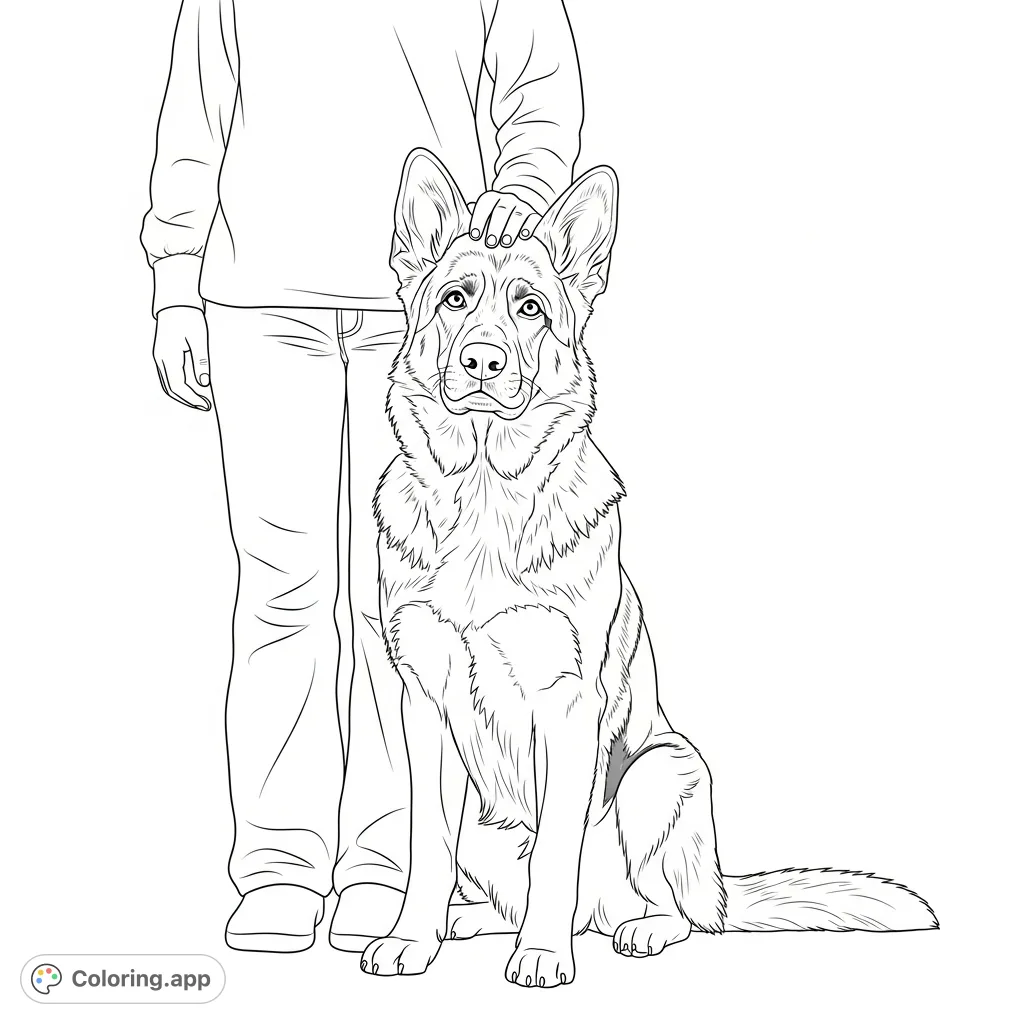 A detailed, realistic German Shepherd coloring page featuring a loyal adult dog sitting calmly by its owner. Perfect for dog lovers to personalize.