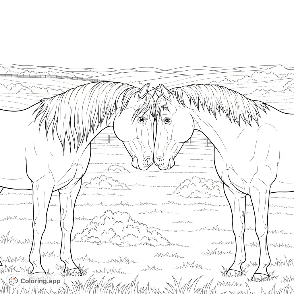 Capture the heartwarming bond of two horses nuzzling in a serene field. This charming horse coloring page is perfect for all animal lovers.