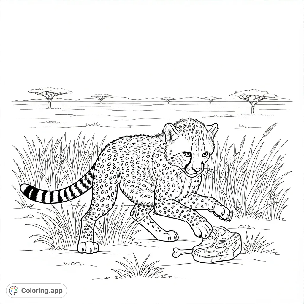 A charming cheetah cub playfully interacts with its food in the savanna. This free printable cheetah coloring page offers a delightful scene for all ages.