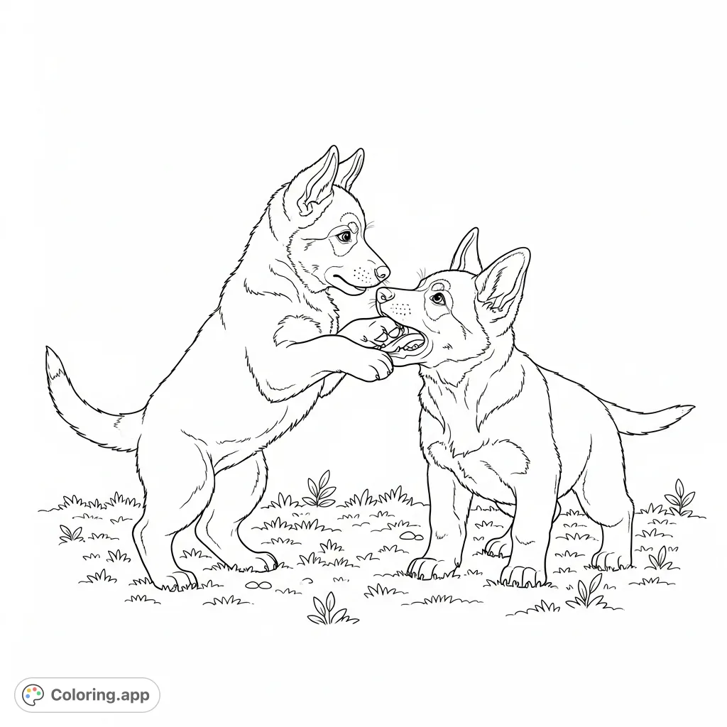 Capture the adorable energy of two German Shepherd puppies playing together on a grassy patch. A charming German shepherd puppy coloring page for all ages.
