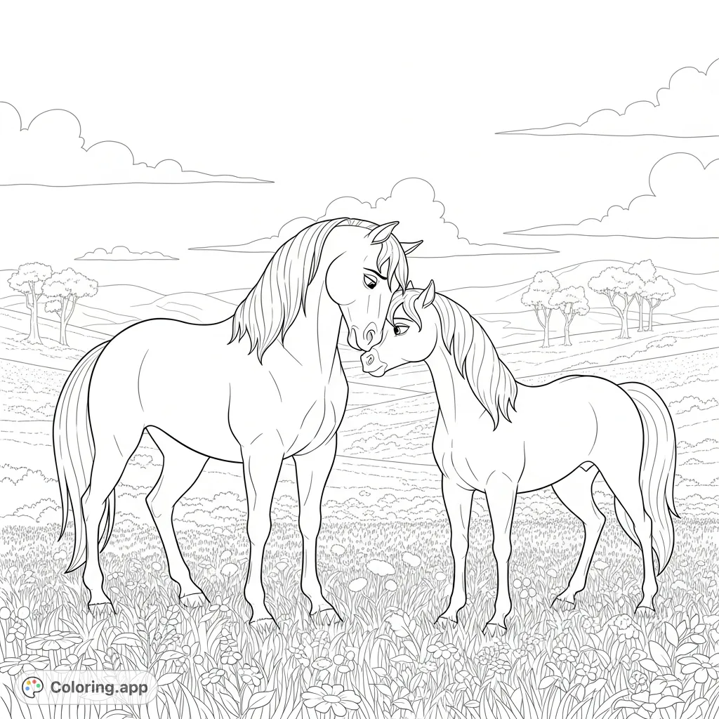 Experience a tender moment with Spirit and Mystery from Spirit Riding Free, sharing a gentle nuzzle in a beautiful, open landscape. Perfect for all ages!