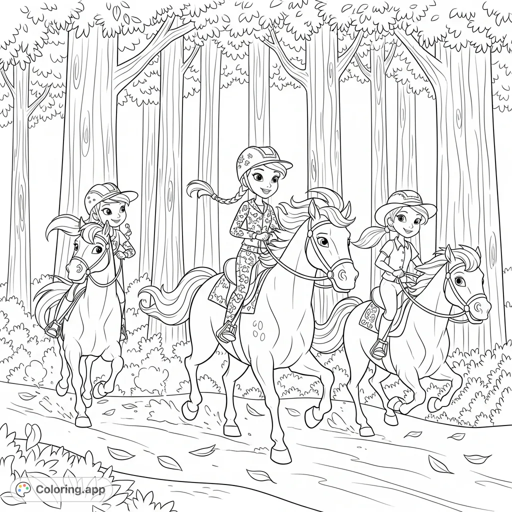 Gallop into adventure with Lucky, Pru, and Abigail on their horses in a vibrant forest scene. A thrilling Spirit Riding Free coloring page!