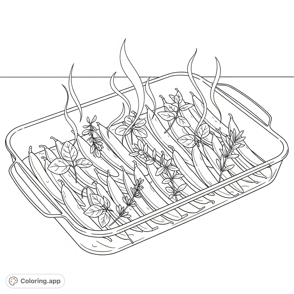 Color a savory dish featuring green beans steaming in a glass pan, adorned with fresh herbs. A delightful food coloring page for mindful relaxation.
