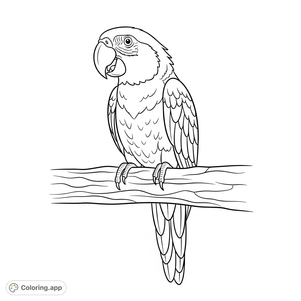 A charming parrot coloring page featuring a lively bird perched on a branch, captured mid-vocalization. Perfect for animal lovers of all ages!