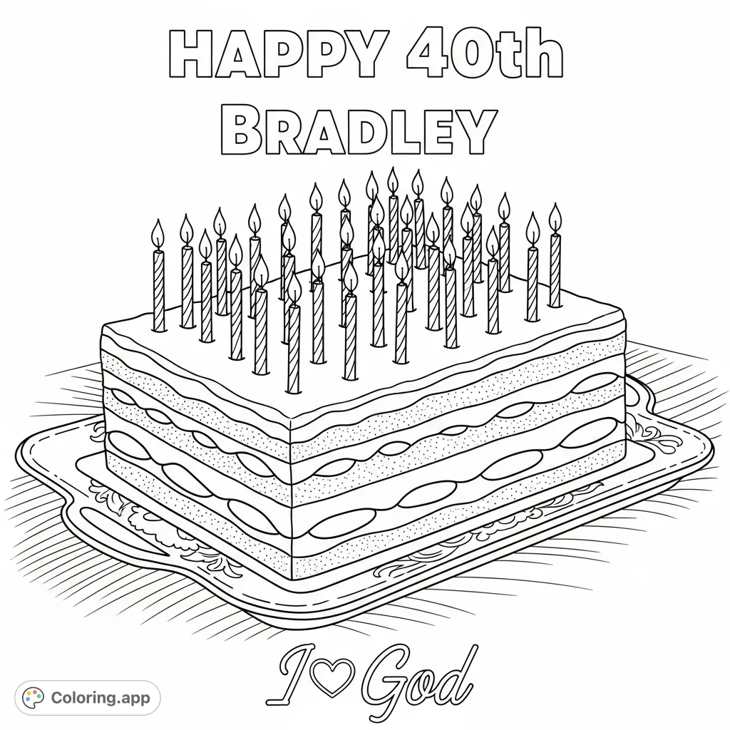A delightful Tiramisu cake adorned with forty candles, personalized with "happy 40th Bradley" and "I❤️God" text. A joyful celebration scene.