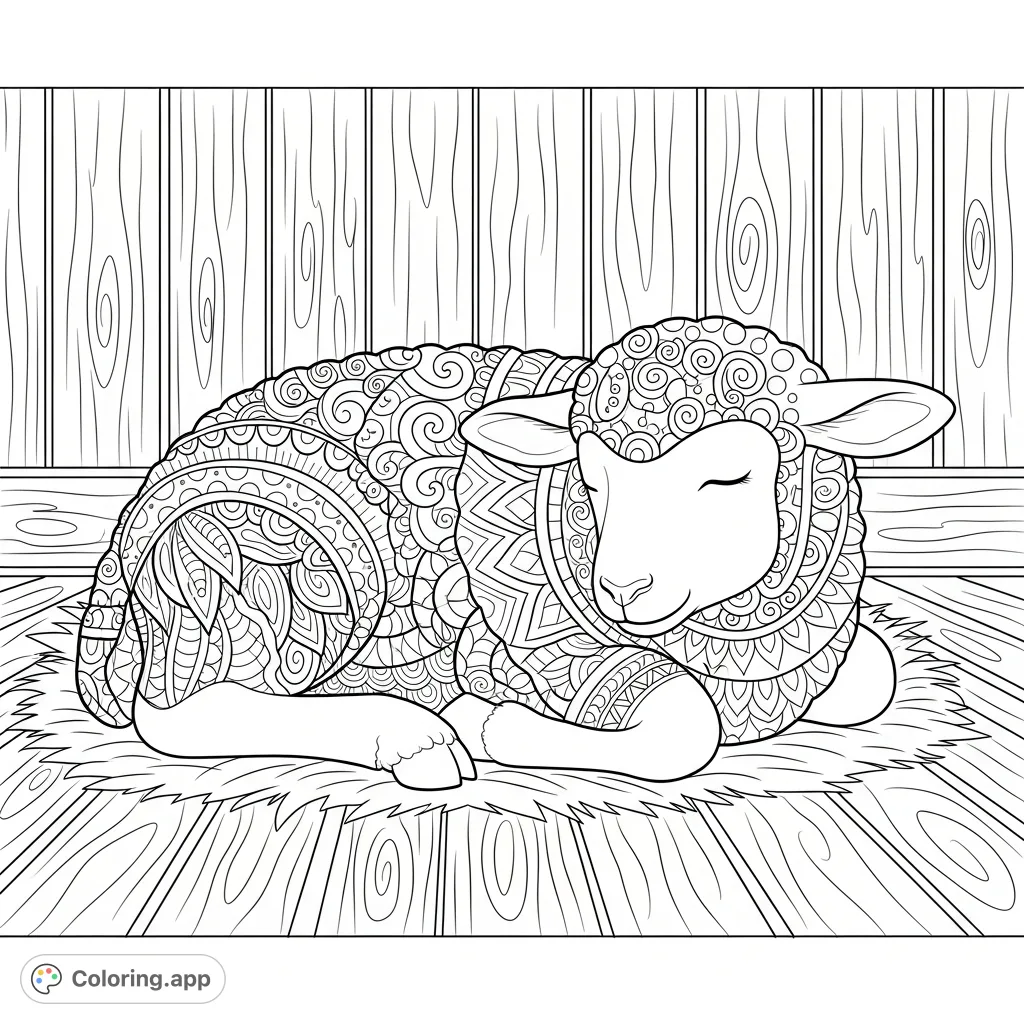 A peaceful Easter lamb, its body adorned with detailed zentangle patterns, rests soundly in a cozy barn setting, inviting a mindful coloring experience.