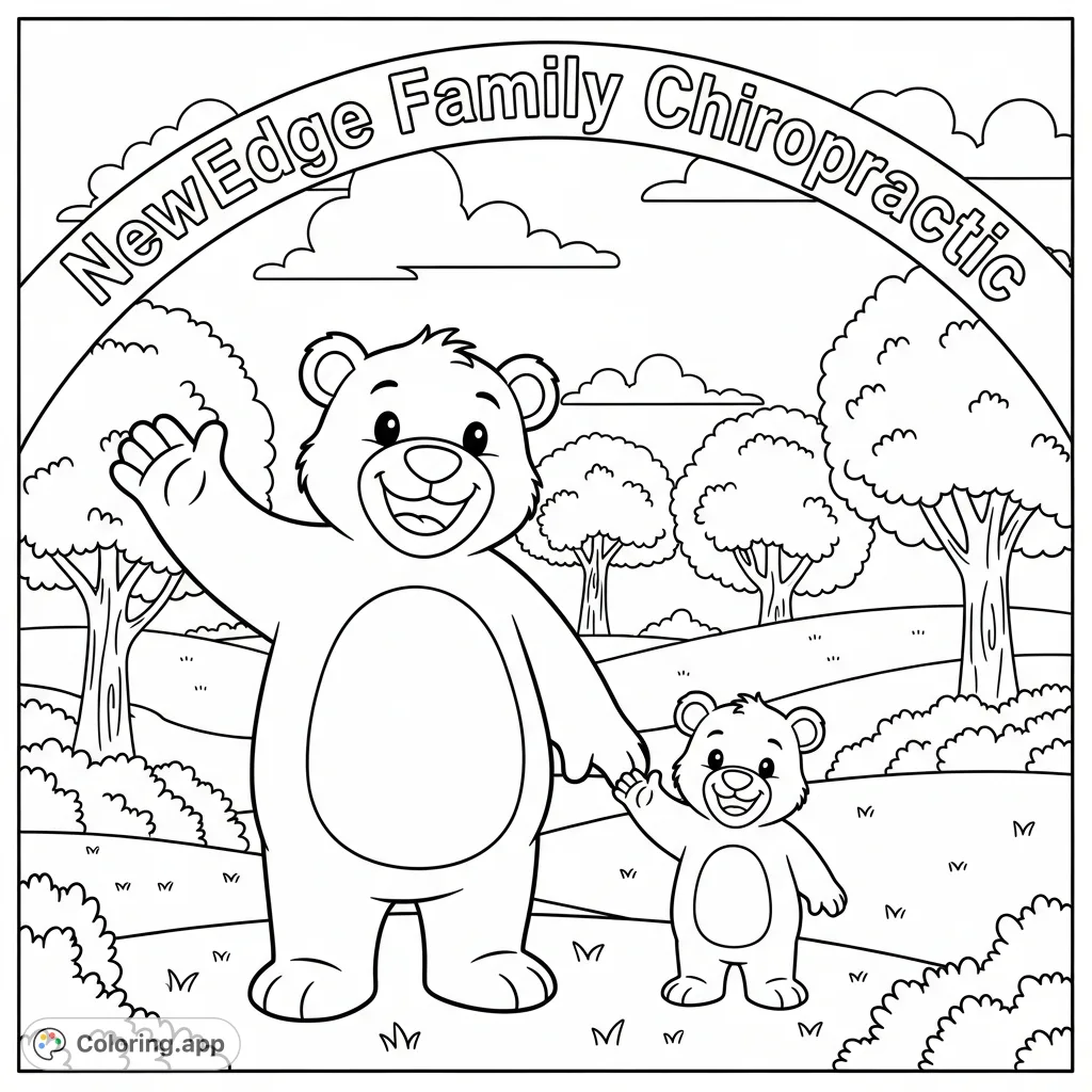 A cheerful, easy-to-color scene featuring friendly bear characters and the text 'NewEdge Family Chiropractic', perfect for young artists and clinic visitors.