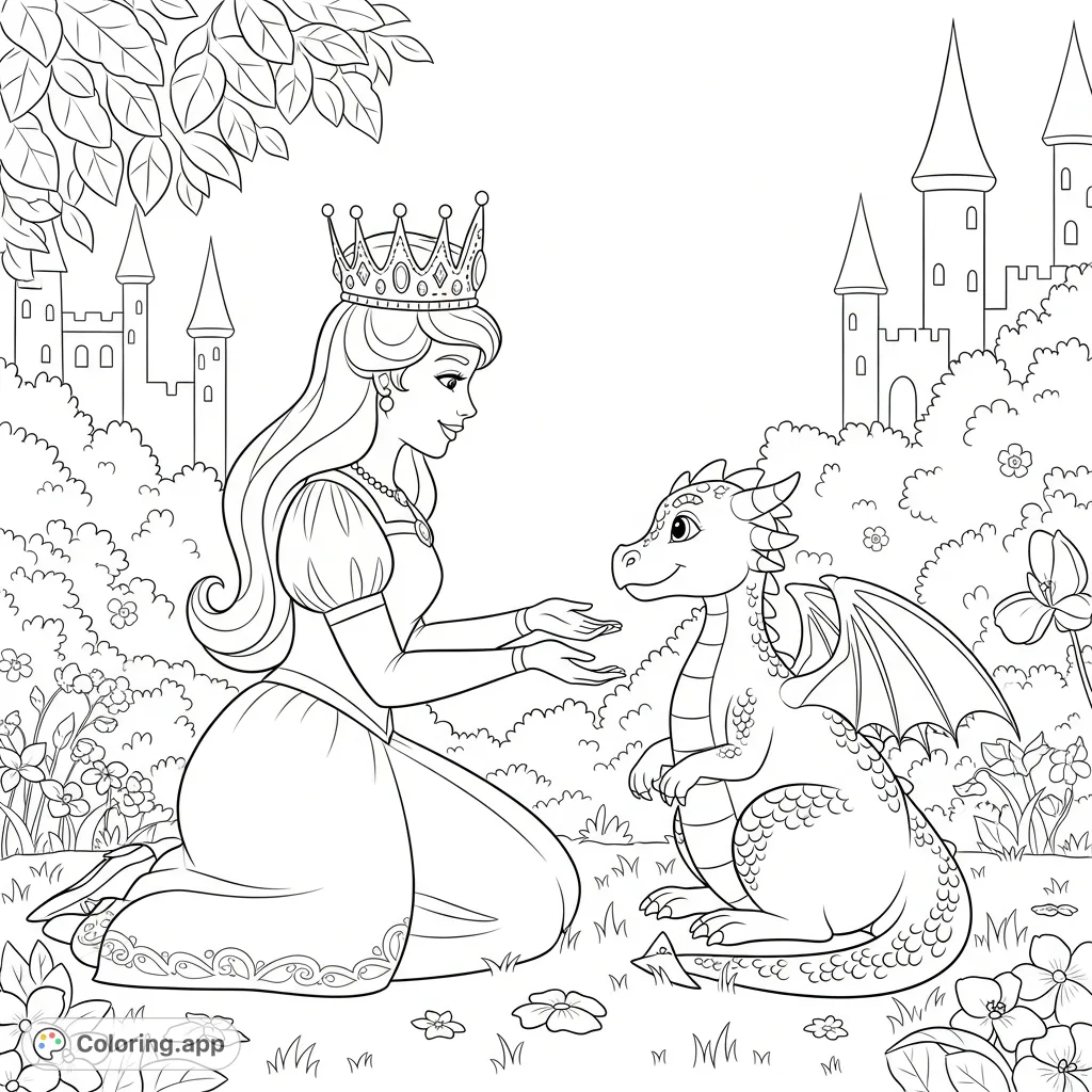 A charming princess in an ornate crown plays with her friendly pet dragon in a whimsical, enchanted garden. Perfect for fantasy lovers and aspiring royalty.