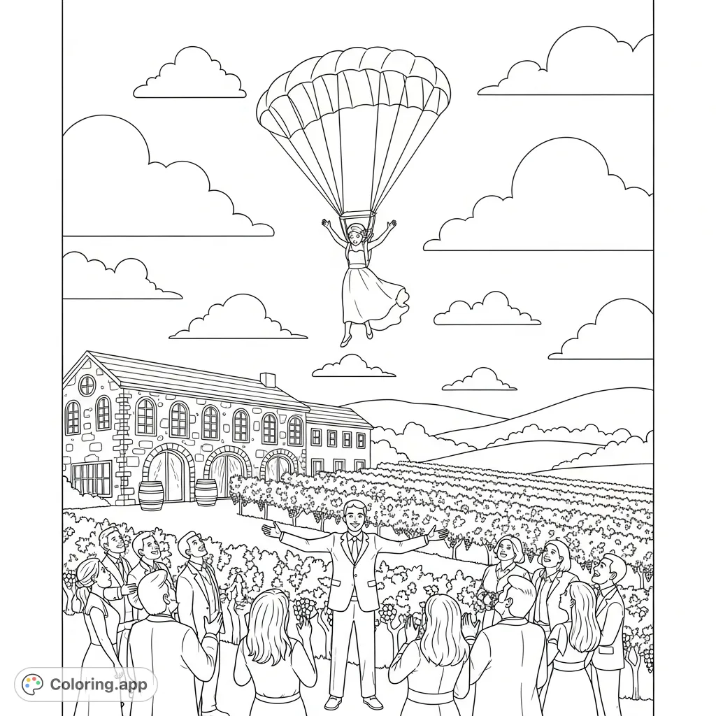 Witness a unique wedding celebration! A simply dressed bride skydives into a picturesque winery, her groom awaiting amidst cheers from friends and family.