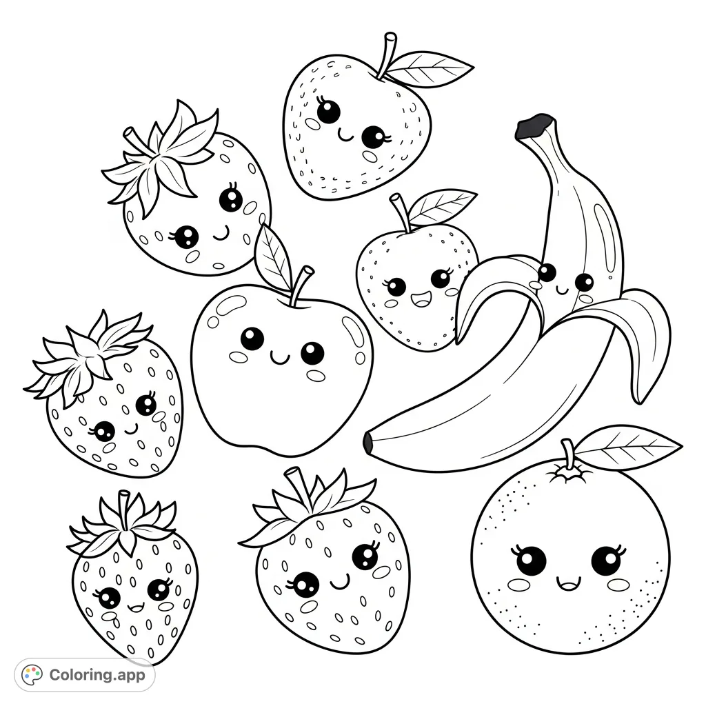 An adorable kawaii fruit coloring page featuring smiling strawberries, apples, bananas, and oranges with big, expressive eyes. Perfect for all ages!