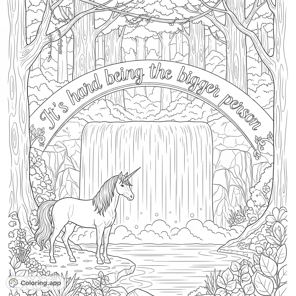 Discover a majestic unicorn beside a magical waterfall, where an elegant message on an arcing structure invites reflection in an enchanted forest.