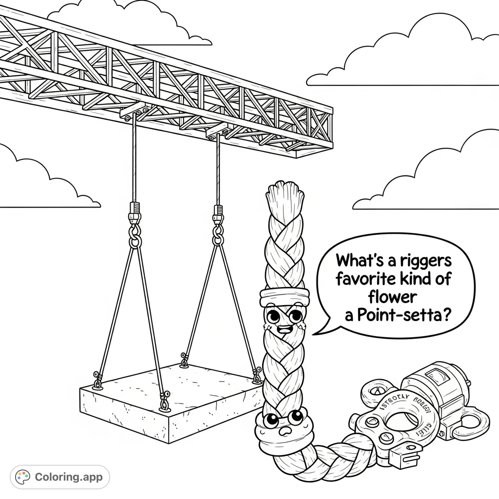A humorous rigging-themed coloring page featuring an anthropomorphic rope asking a punny question to a steel shackle and motor clip. Fun for all!