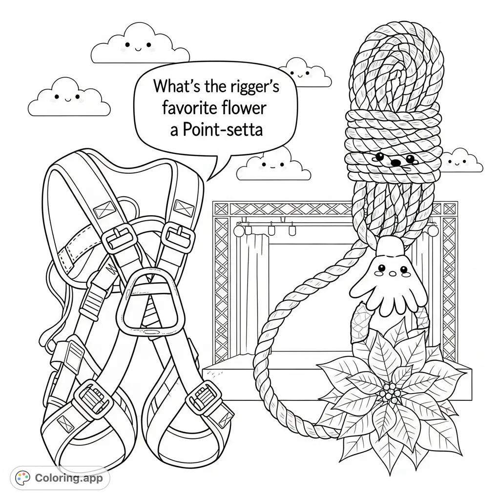 A humorous rigging coloring page featuring a harness telling a rope a pun about a poinsettia flower. A fun, free printable coloring page for all ages.