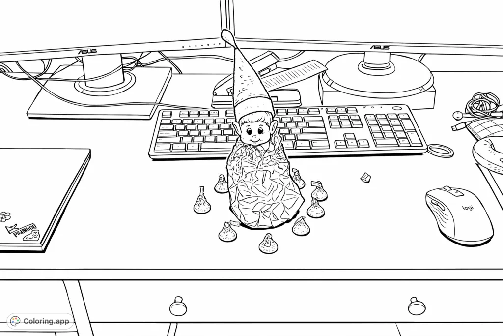 A festive elf doll wrapped in foil, surrounded by candies on a busy desk setup. Perfect for holiday fun, this playful scene offers a delightful coloring challenge.