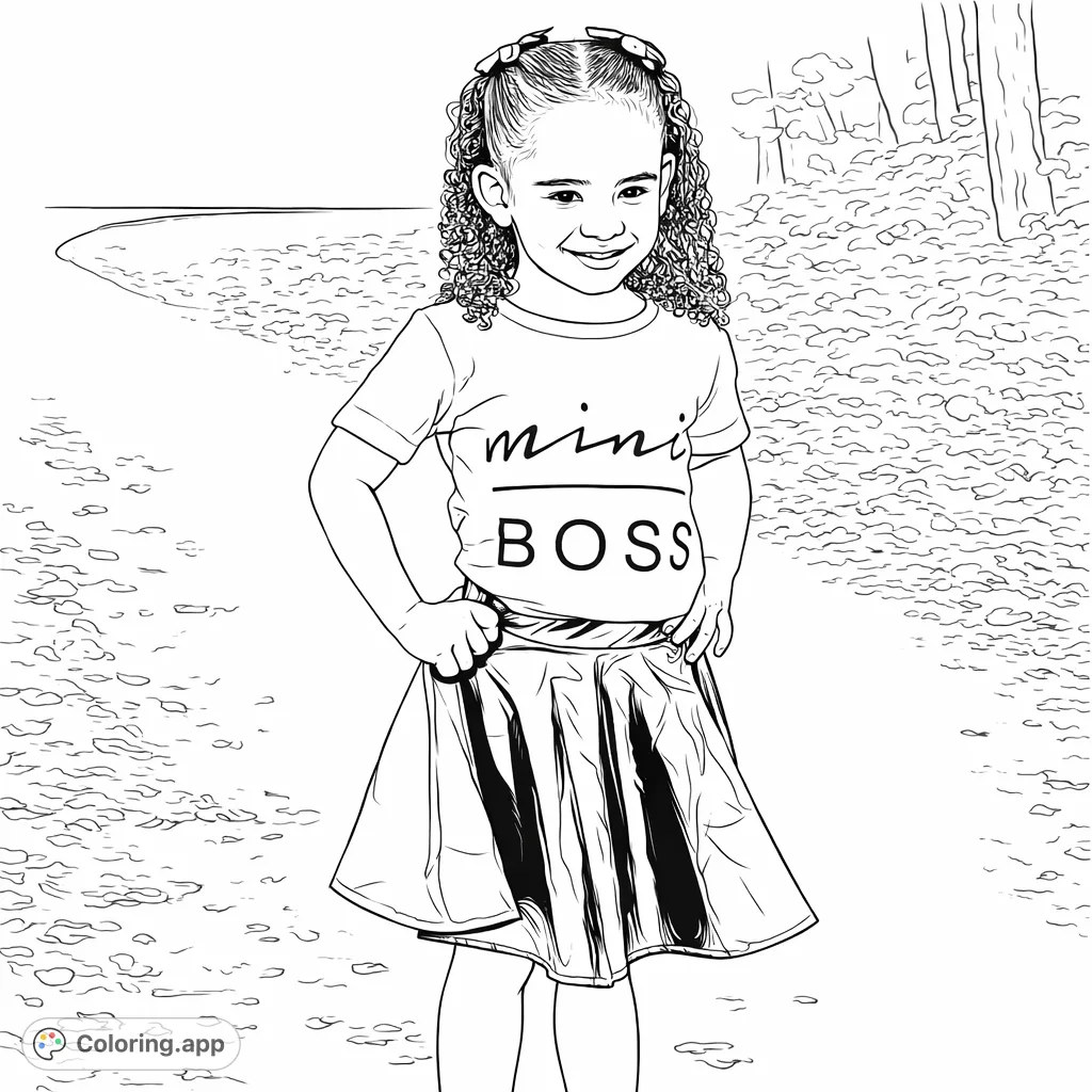 A charming 'mini BOSS' coloring page featuring a confident child posing with hands on hips, set against a delightful outdoor path.