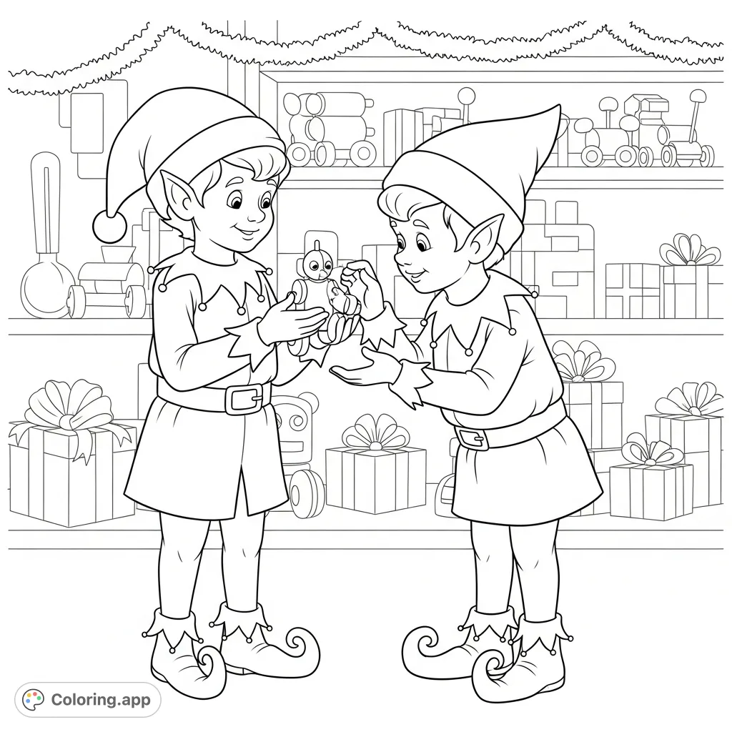 Join two charming Christmas elves in their workshop, collaborating on toy-making amidst festive decorations. A heartwarming scene ready for your creative touch!