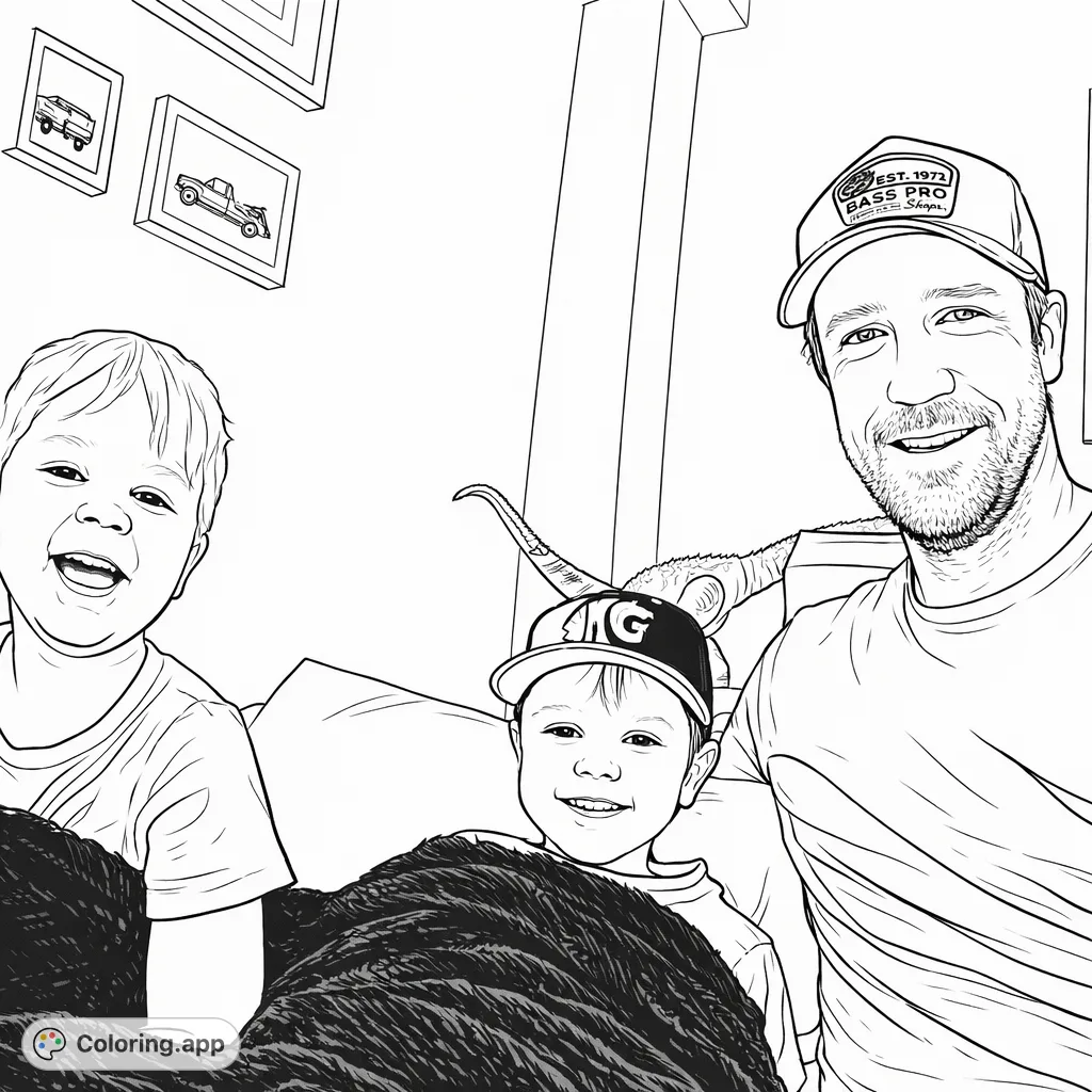 A heartwarming family portrait with a dad and two boys on a sofa, joined by a playful dinosaur in the background. Perfect for creative relaxation.
