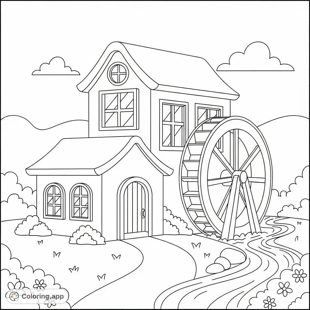 Discover a charming, cozy mill coloring page, featuring a large water wheel, welcoming windows, and a peaceful stream. Simple, luxurious, and perfect for relaxation.