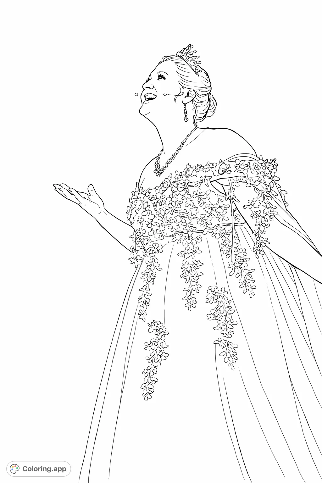 Capture the elegance of a woman in a magnificent off-shoulder gown, adorned with a tiara and delicate details, poised in a moment of performance.