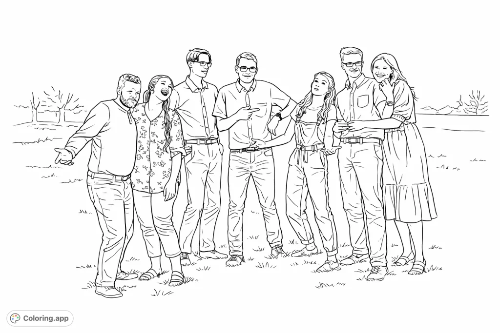 A fun group of friends striking playful poses in a grassy park setting. Ideal for adding your unique touch to this cheerful scene. Perfect for all ages.