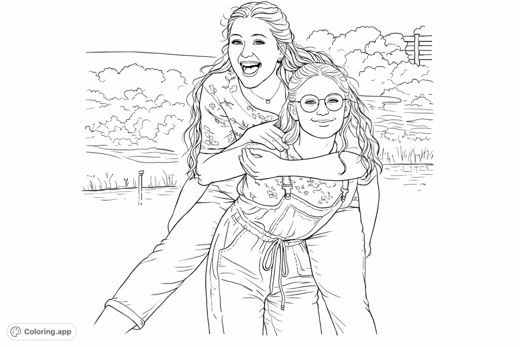 Capture a moment of pure joy with this delightful piggyback ride scene. Two friends share a laugh amidst a tranquil outdoor landscape, perfect for creative expression.