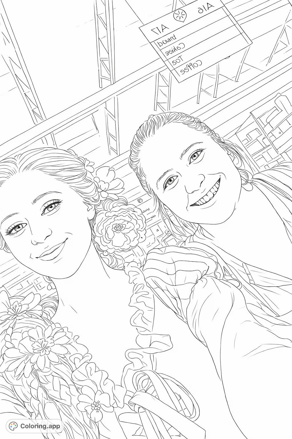 Capture a heartwarming moment with this princess friendship coloring page. Featuring two smiling figures and beautiful floral details for imaginative fun.