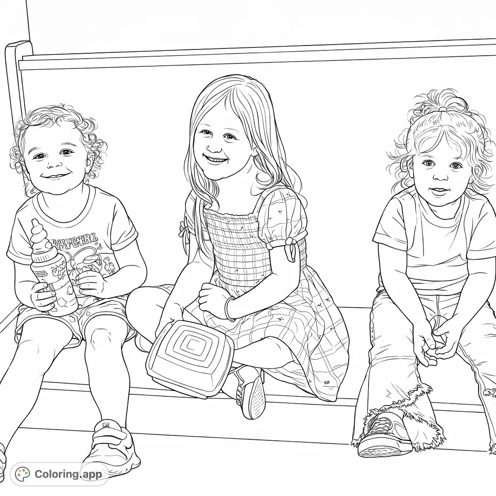 A heartwarming coloring page featuring three cheerful young girls sitting together on a bench, each with unique details and expressions, ready for creative color.