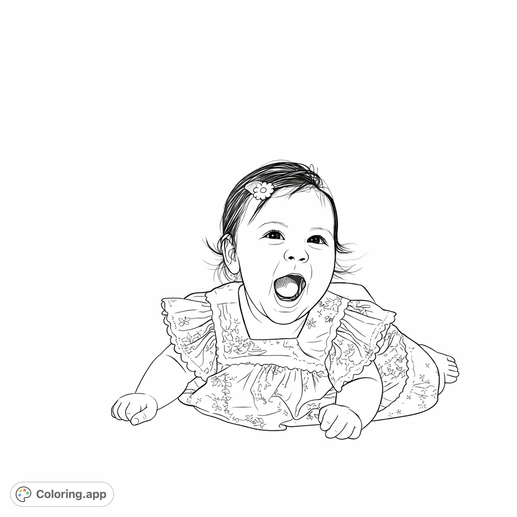 An adorable baby in a charming patterned dress, captured mid-yawn or joyful expression. Perfect for sweet and simple coloring.