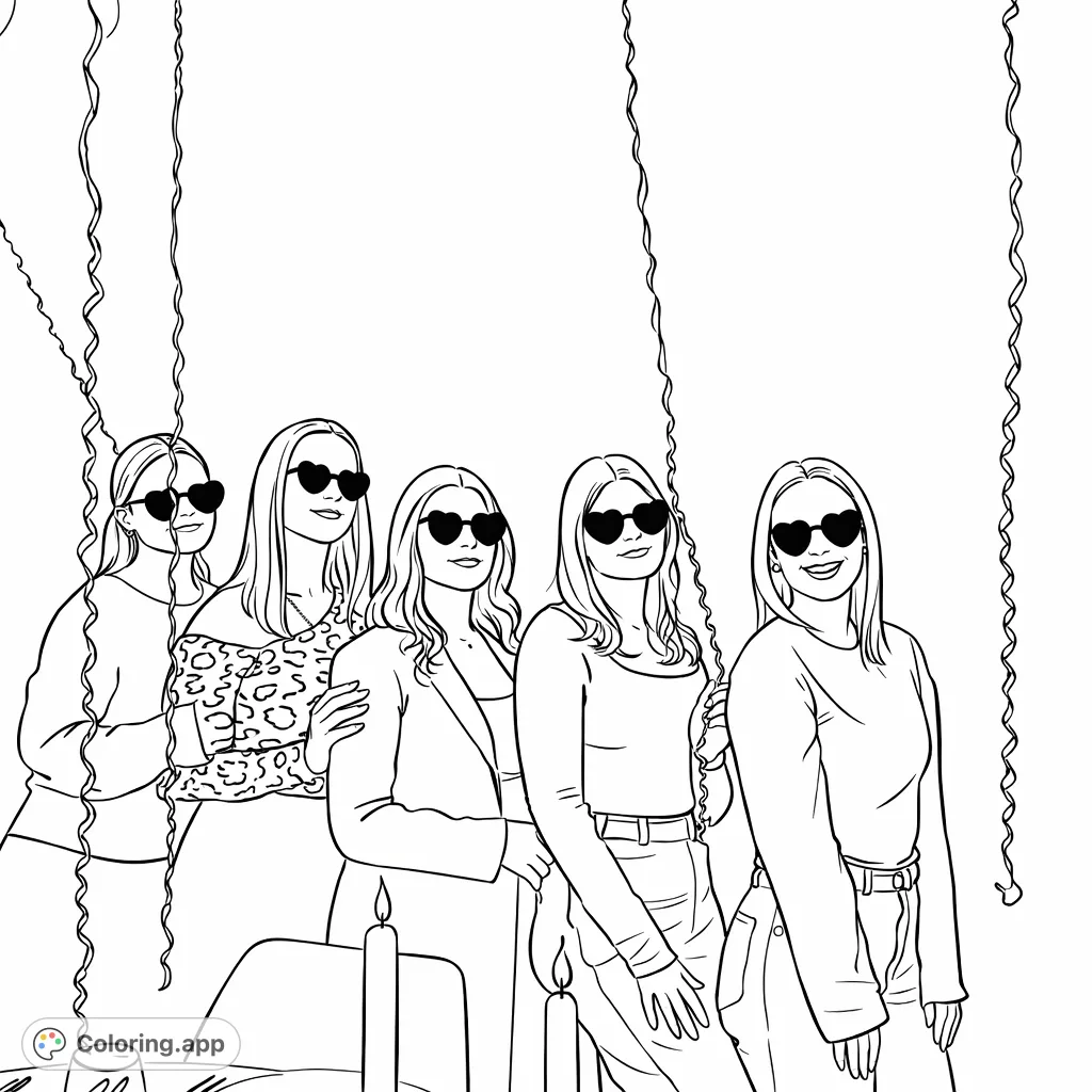 Gather your favorite colors for this vibrant friends coloring page! Five stylish women in heart sunglasses celebrate, surrounded by festive ribbons and soft candlelight.