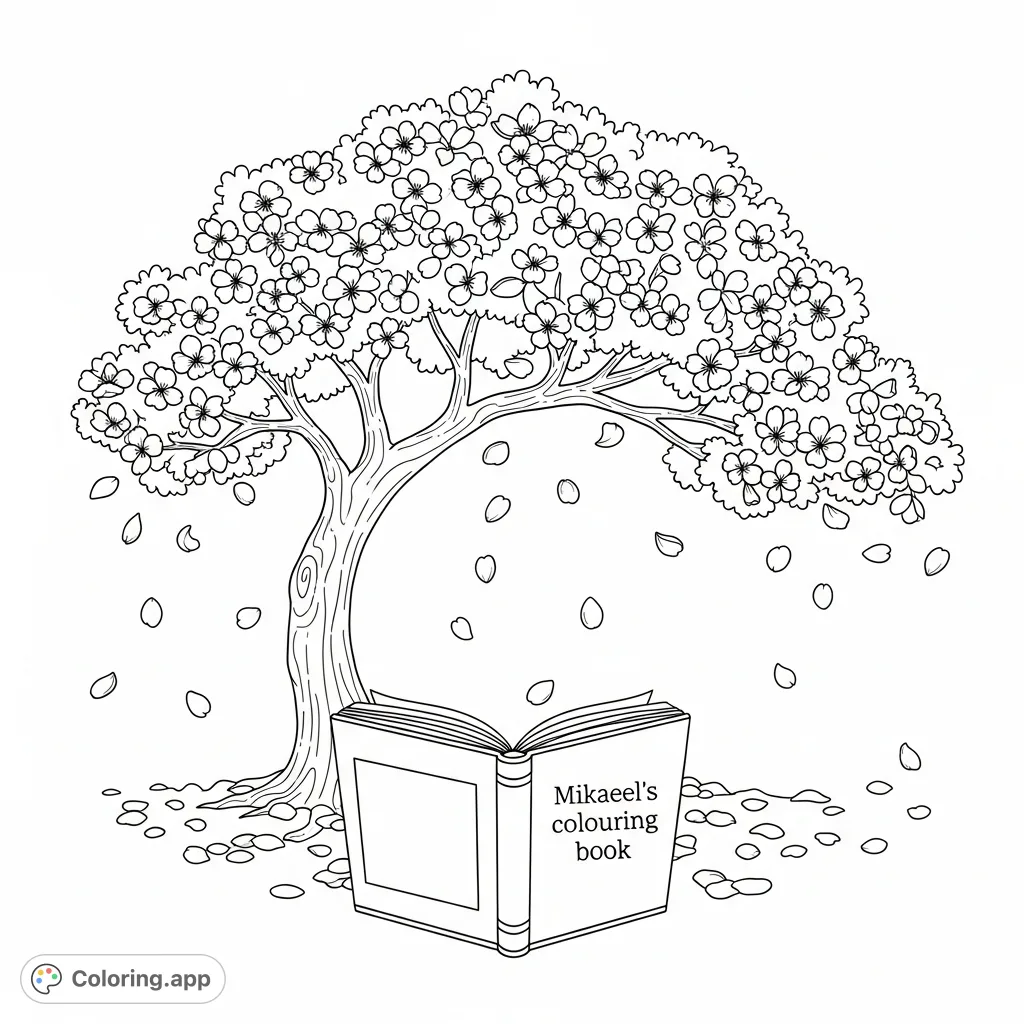 A tranquil cherry blossom tree with falling petals and "Mikaeel's colouring book" open beneath, inviting creativity and calm.