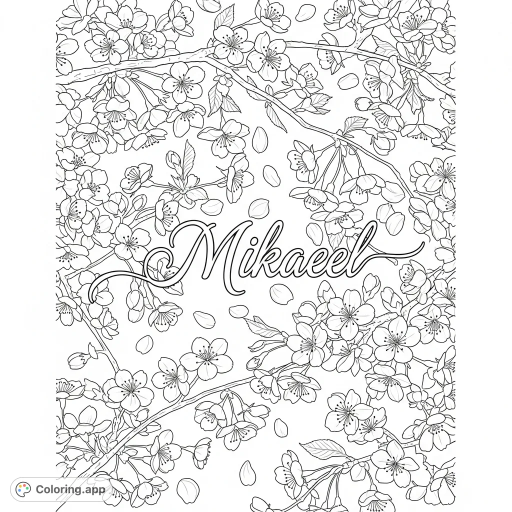 An intricate cherry blossom book cover featuring delicate flowers, gracefully floating petals, and the name "Mikaeel" in elegant cursive, perfect for a serene coloring experience.