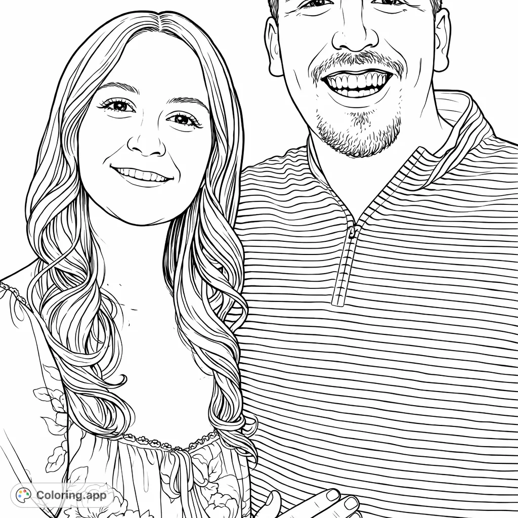 Capture a cheerful moment with this portrait of a smiling couple. Features a woman with flowing hair and a man in a striped shirt, perfect for adding your creative flair.