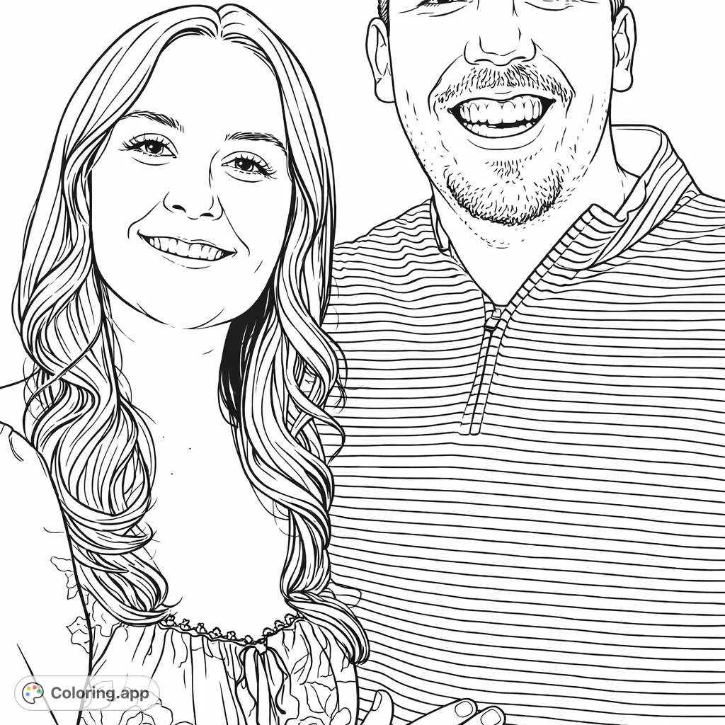 Capture the warmth of a shared smile with this portrait featuring a woman with flowing hair and a man in a striped polo, ready for your creative touch.