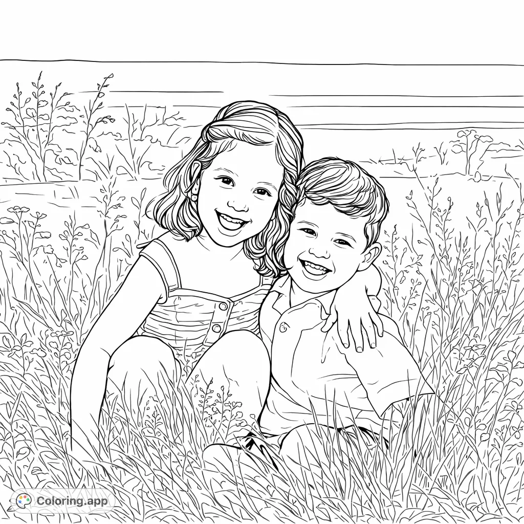 A heartwarming free printable siblings coloring page featuring a smiling girl and boy embracing in a field, perfect for family fun and creative expression.