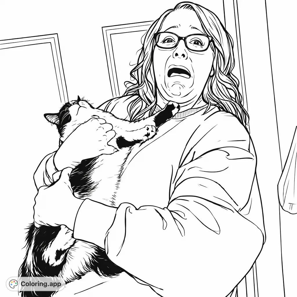 Capture the humor of a person's startled reaction while holding a playful cat. This expressive scene offers fun for all ages, perfect for bringing dynamic emotion to life.
