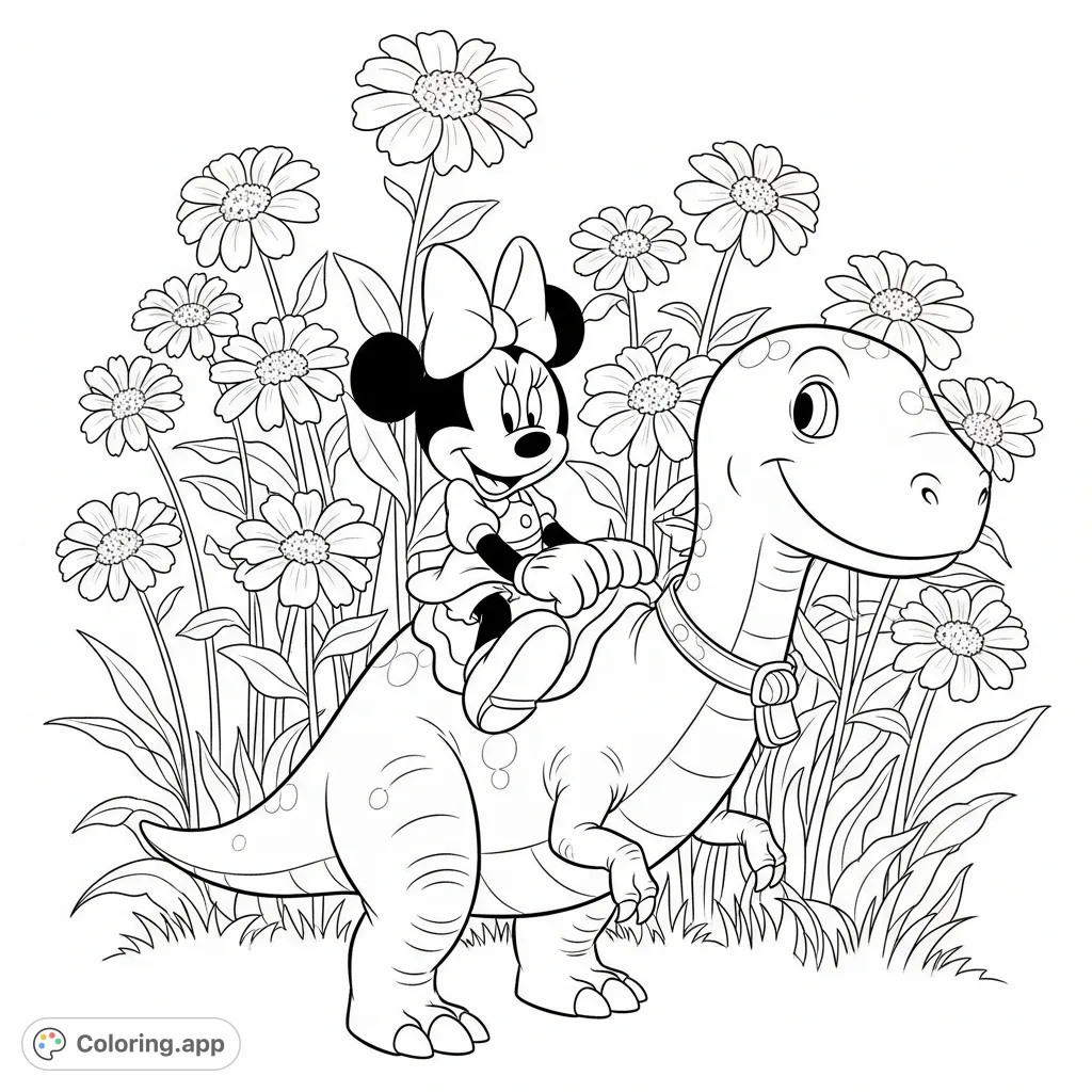 A happy Minnie Mouse rides a friendly dinosaur amidst a field of tall, blooming flowers. A joyful scene perfect for a fun coloring session.