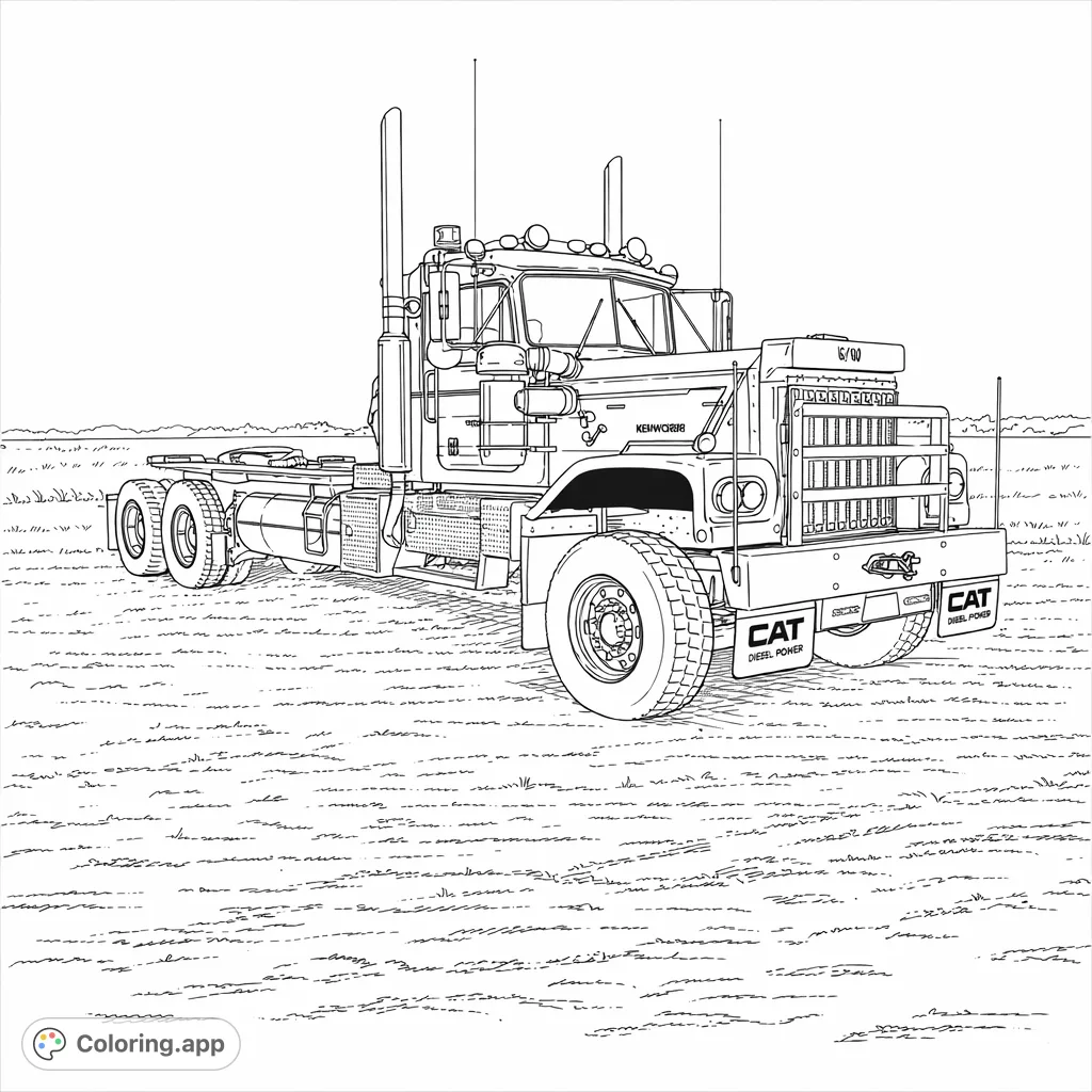 A detailed classic Kenworth semi-truck, a powerful big rig, ready for the open road. Features iconic styling, chrome elements, and rugged wheels against a scenic landscape.