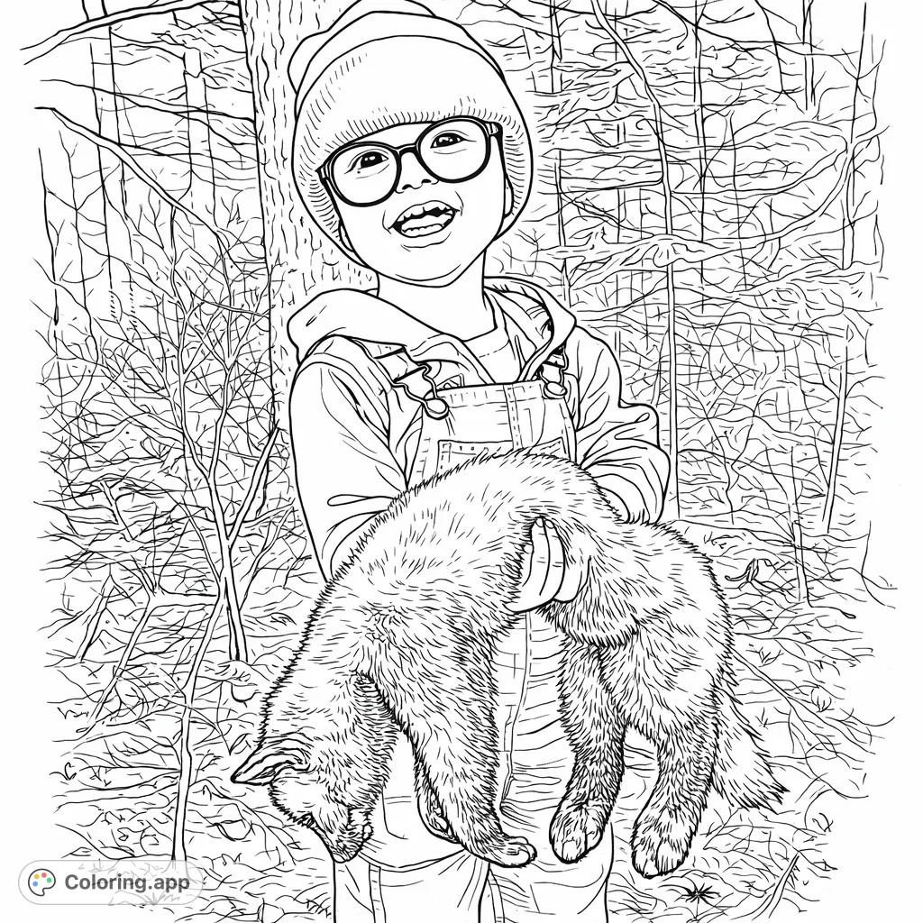 A heartwarming forest scene featuring a young child proudly holding a small, furry woodland animal amidst towering trees and natural ground cover.