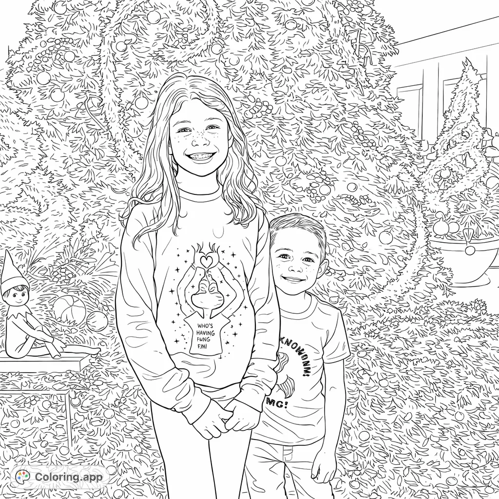 A delightful holiday scene featuring two smiling children and an elf doll in front of a grand, decorated evergreen tree, perfect for festive coloring fun.